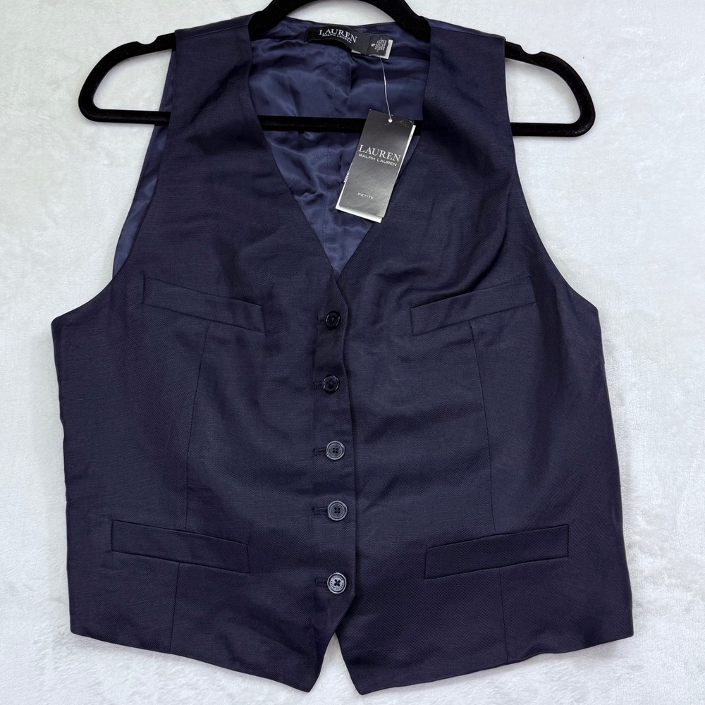 Lauren Ralph Lauren Womens Navy Blue V-Neck Vest Cinch Back Size 14P Petite NEW - Picture 2 of 12